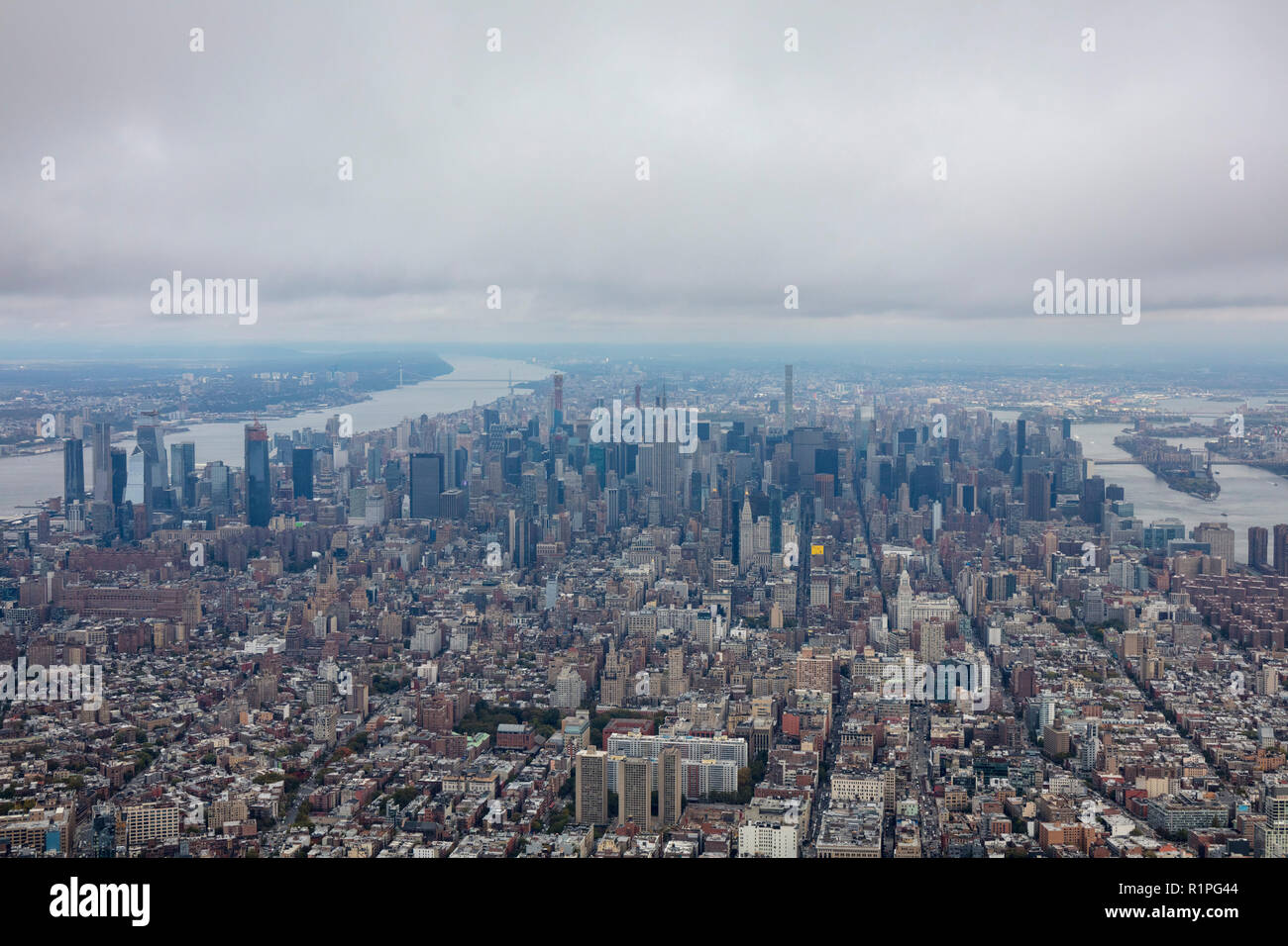 helicopter aerial view of midtown Manhattan and skyscrapers, New York ...