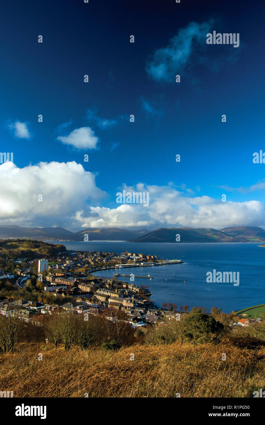 The Firth of Clyde and Gourock from the Free French Memorial Cross, Lyle Hill above Greenock, Inverclyde Stock Photo