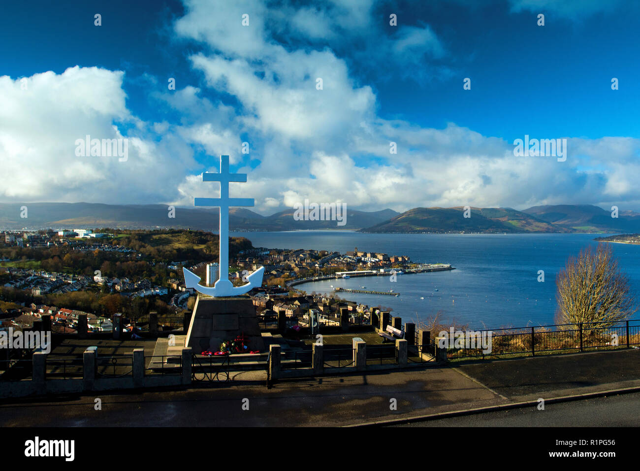 The Firth of Clyde and Gourock from the Free French Memorial Cross, Lyle Hill above Greenock, Inverclyde Stock Photo