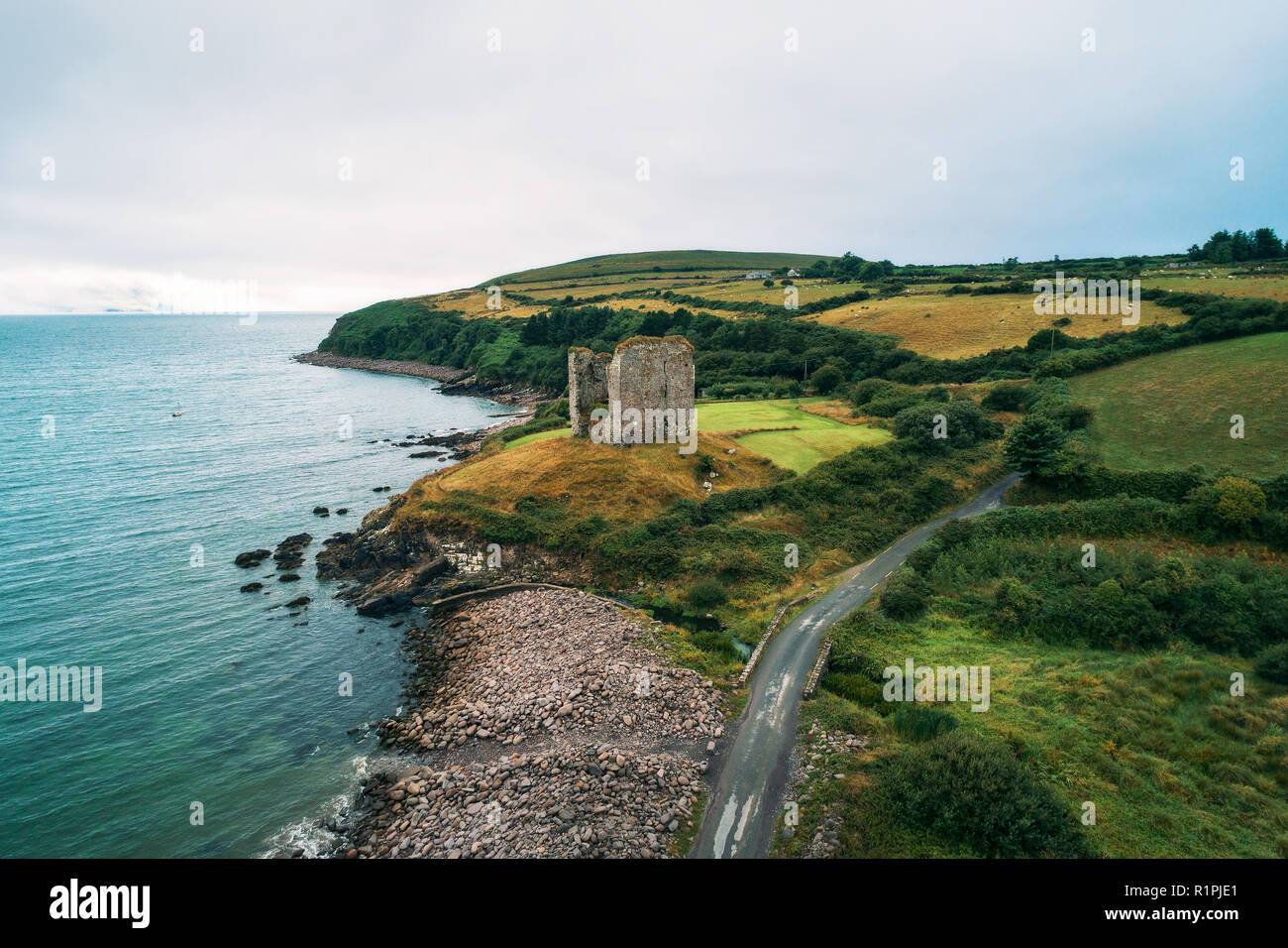Aerial view of the Minard Castle situated on the Dingle Peninsula in Ireland Stock Photo