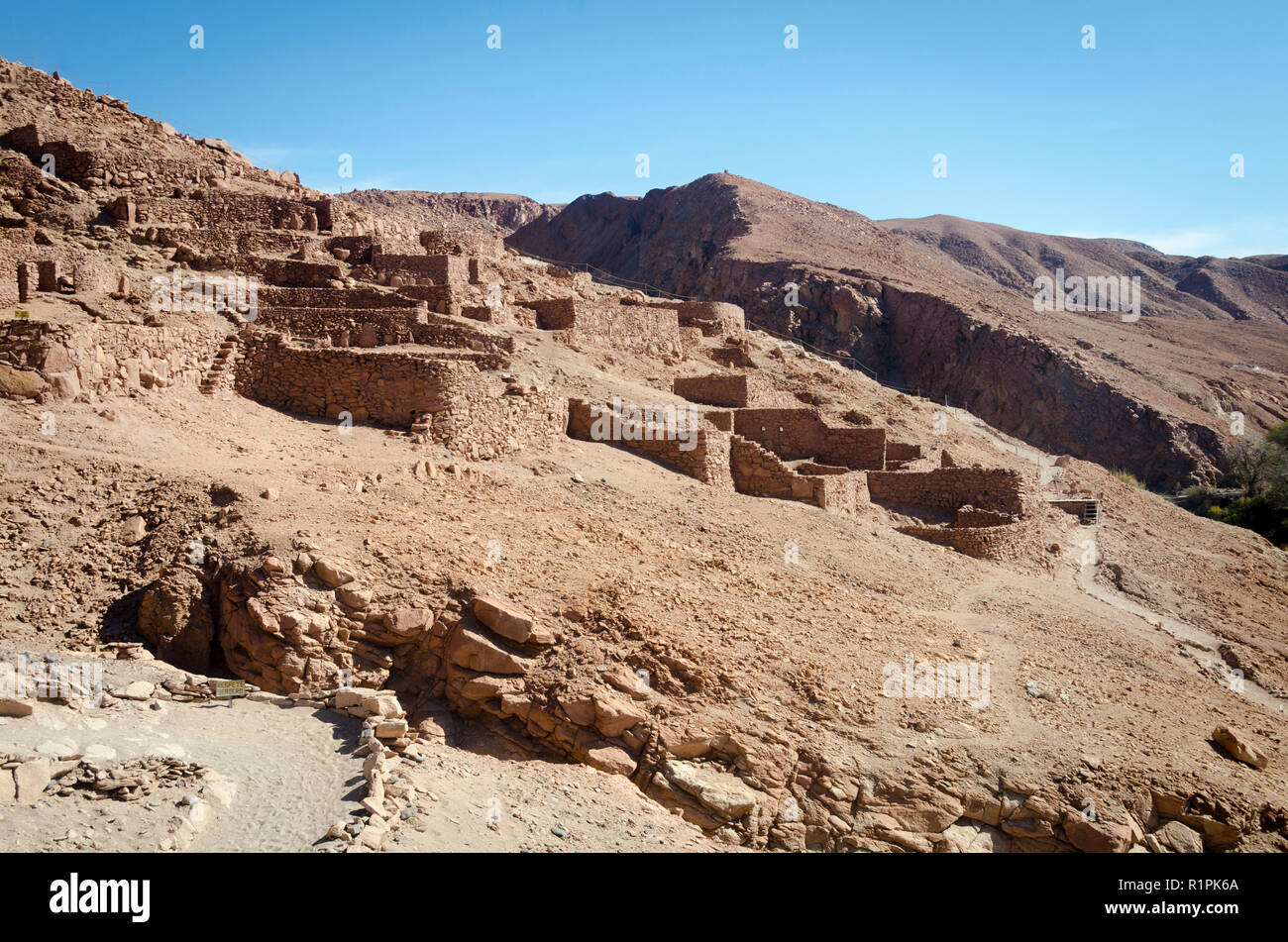 Archaeological site with ruins of a 12th-century stone fortress, Pukara de Quitor, San Pedro de Atacama, Chile Stock Photo