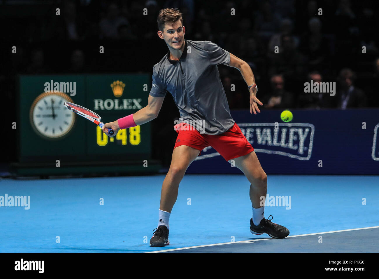 13th November 2018, The O2 , London, England; Nitto ATP World Tour Finals,  Day Three; Dominic Thiem of Austria in action during his match against  Roger Federer of Switzerland Credit: Romena Fogliati/News