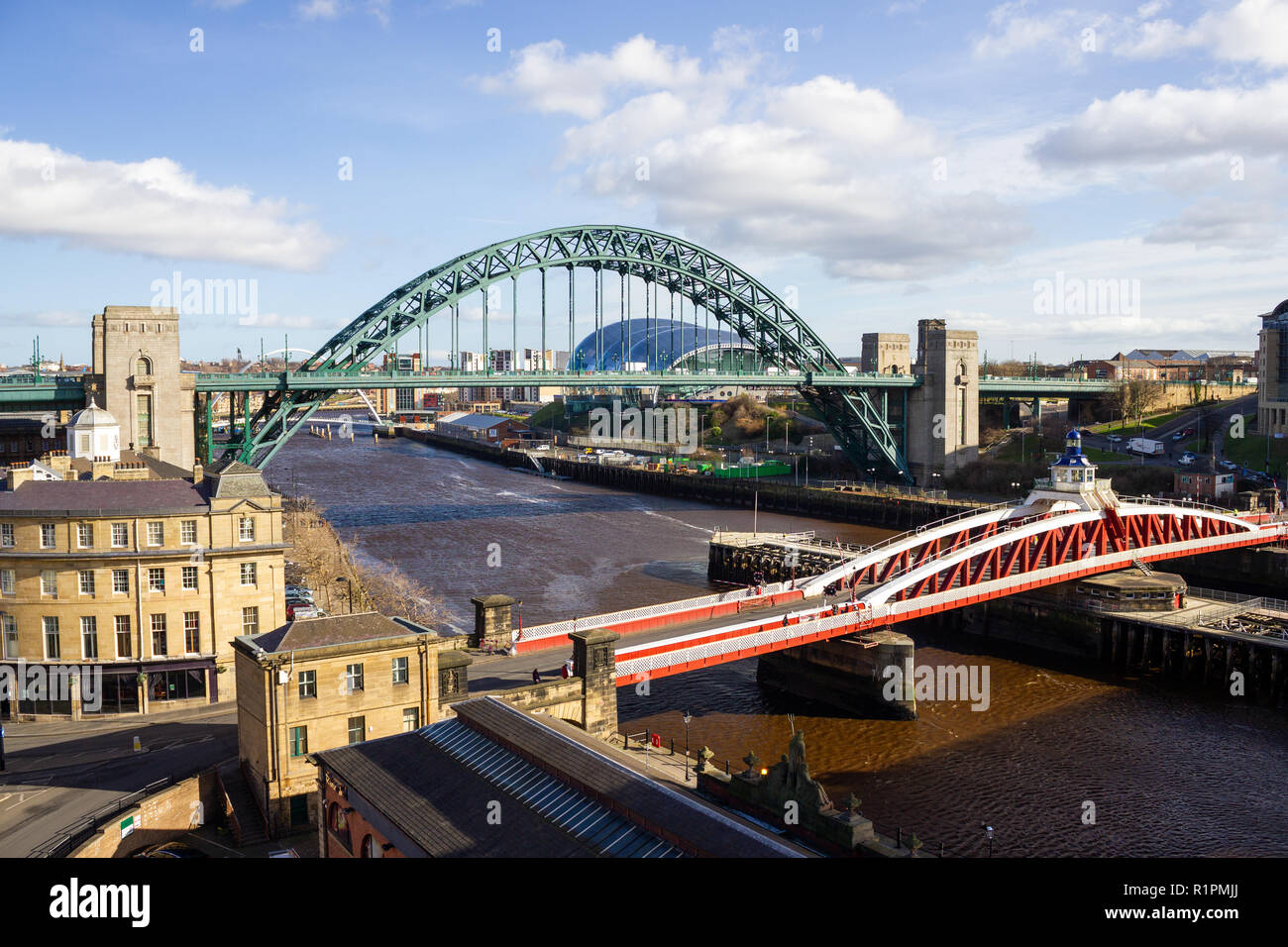 Newcastle upon Tyne: River Tyne view from High Level Bridge with Swing Bridge, Tyne Bridge Stock Photo