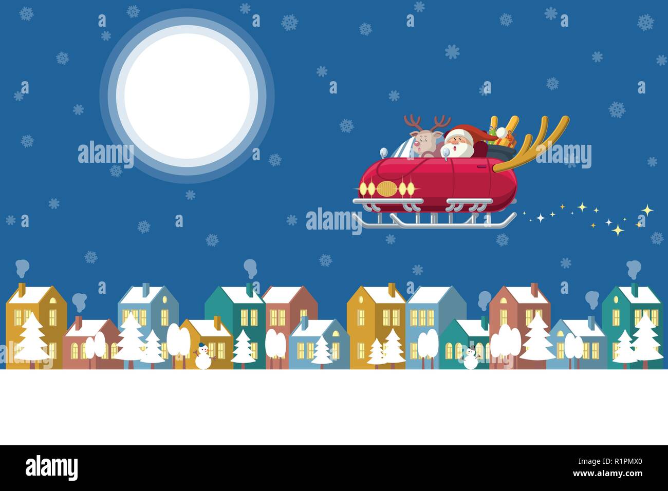 Santa Claus and Rudolph the red nose reindeer driving a sleigh car with deer horns flying over a winter town at night with moon, houses and snow Stock Vector