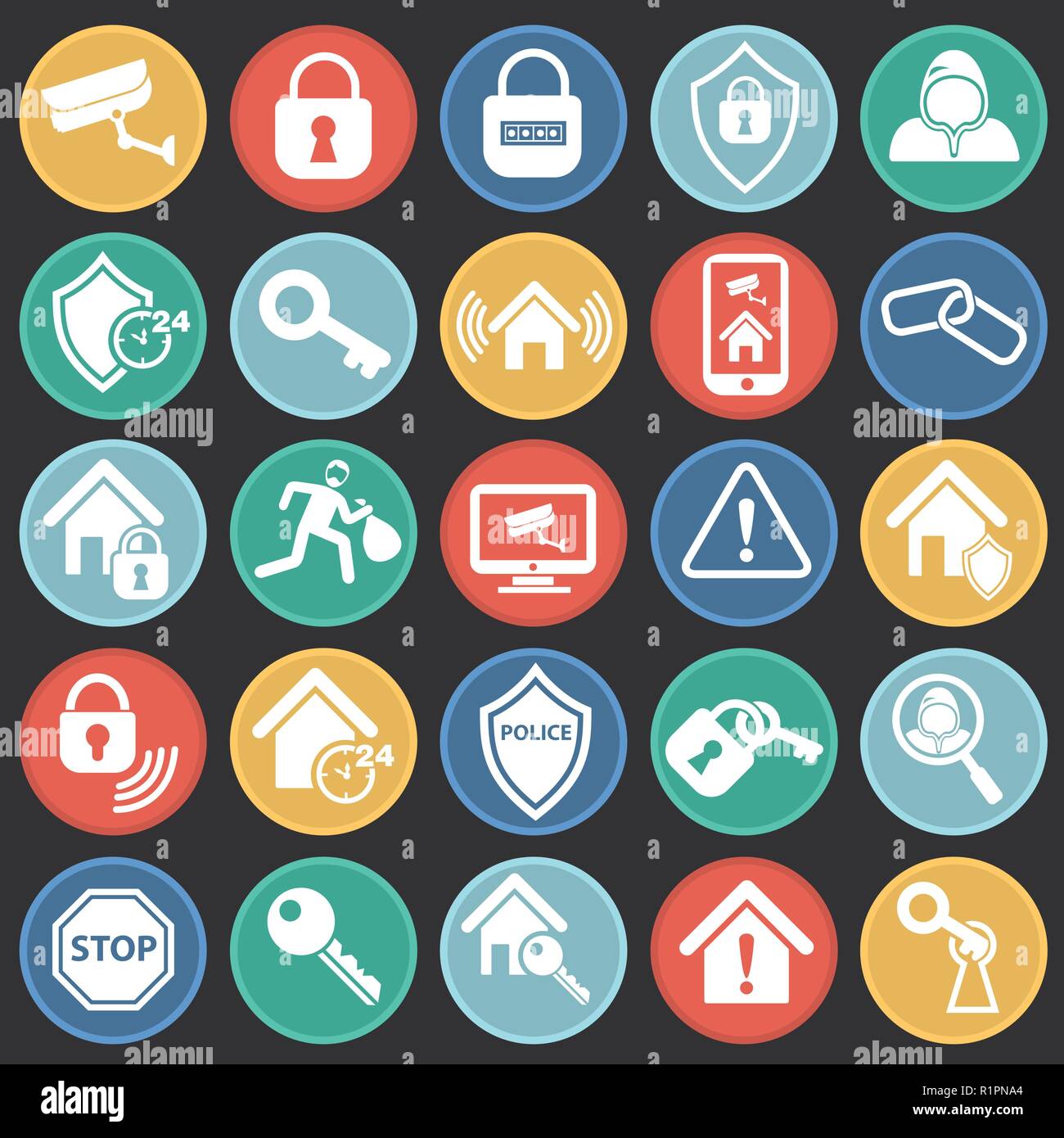 Home security set on color circles black background icons Stock Vector ...