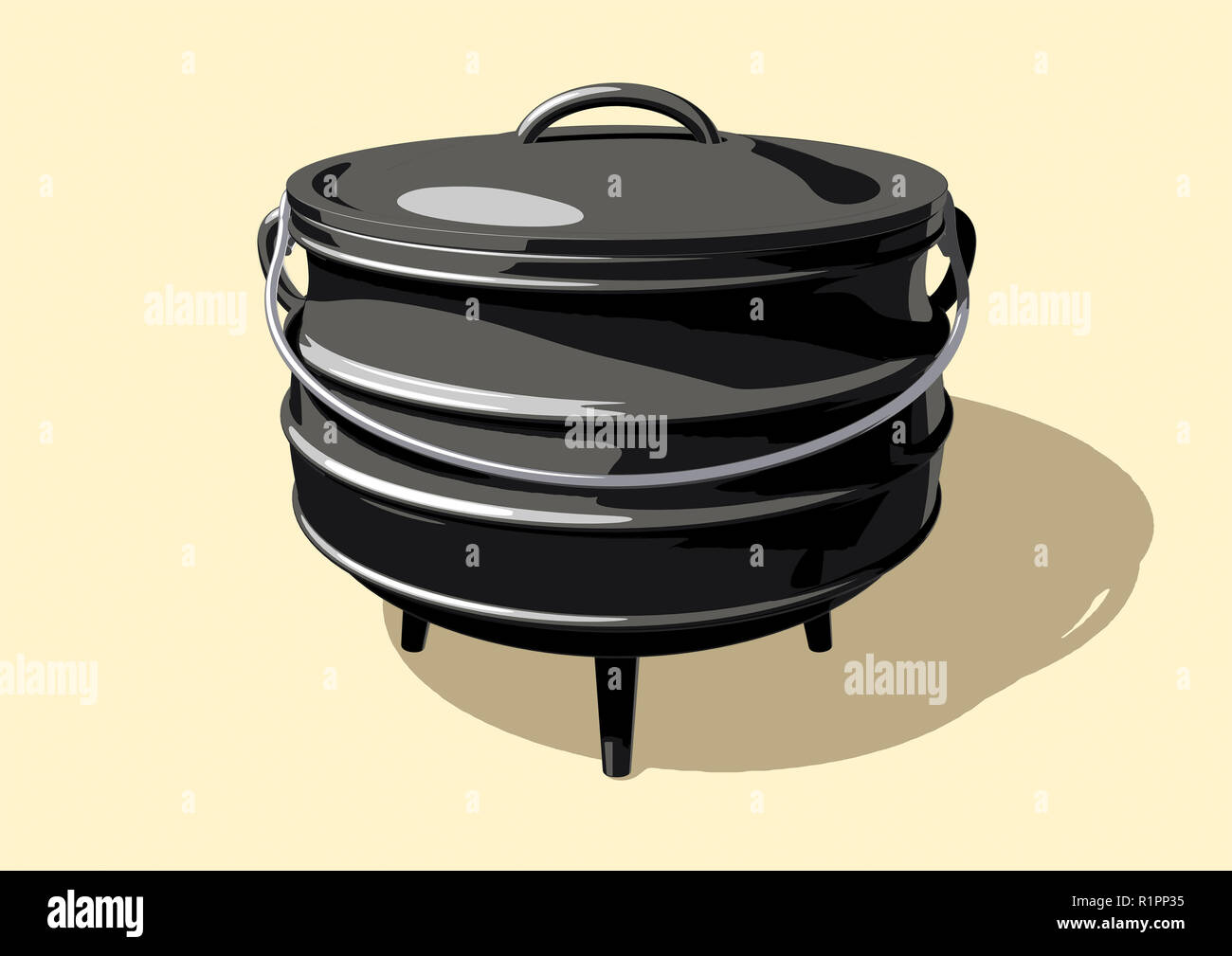 A regular cast iron south african potjie pot with a steel handle and a