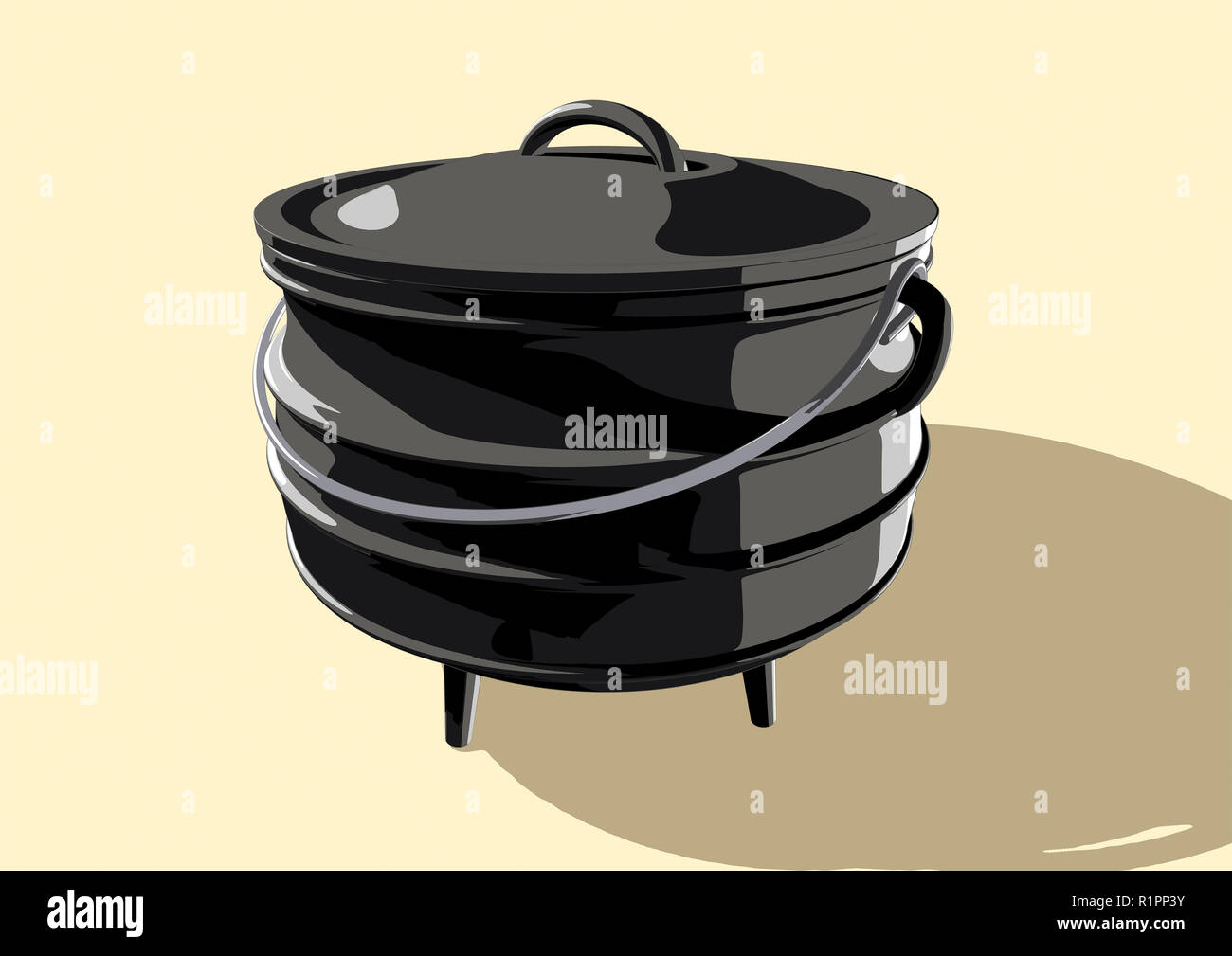 A regular cast iron south african potjie pot with a steel handle and a