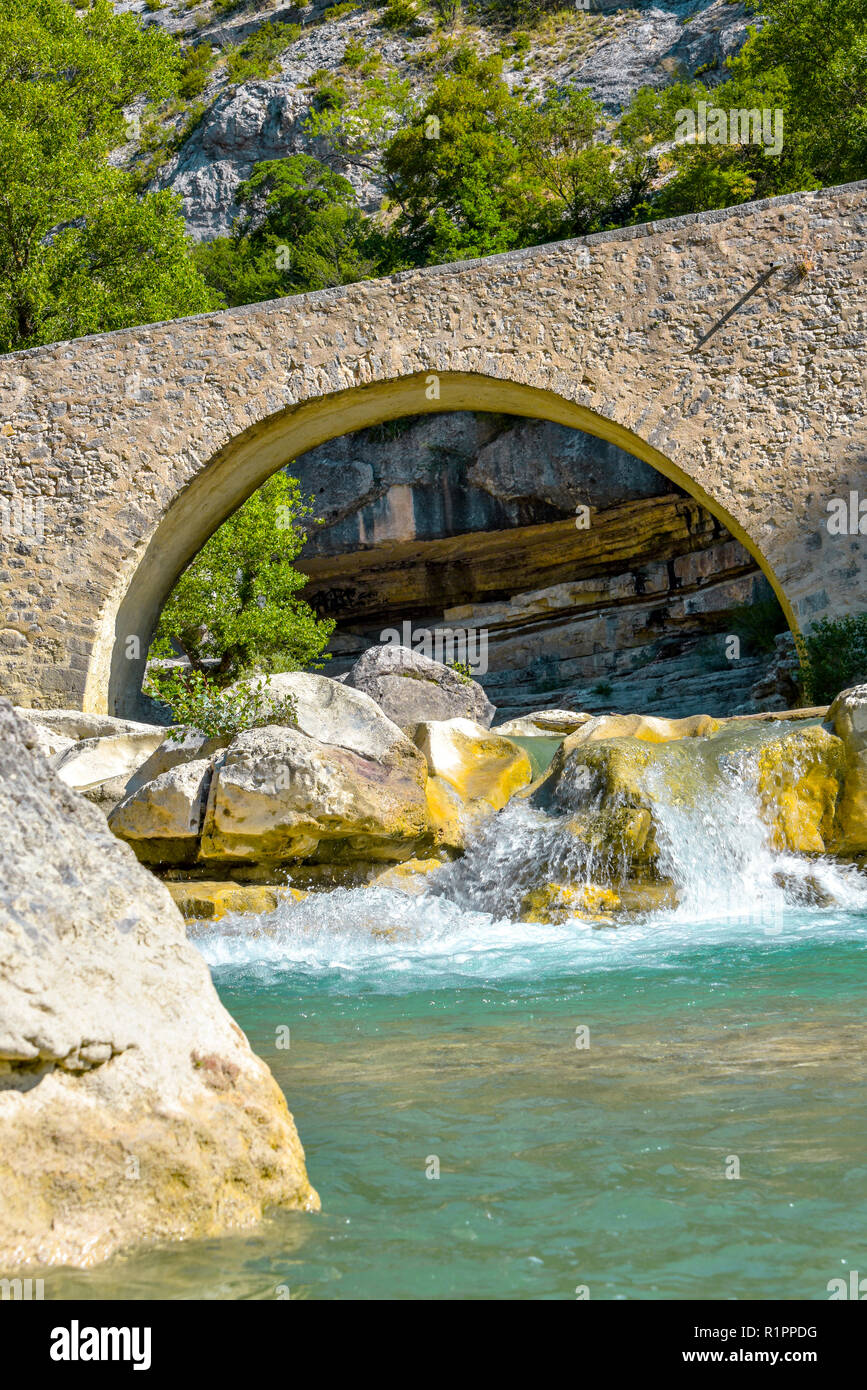 brick-built arch over river Méouge, Provence, France, Gorges de la Méouge Stock Photo