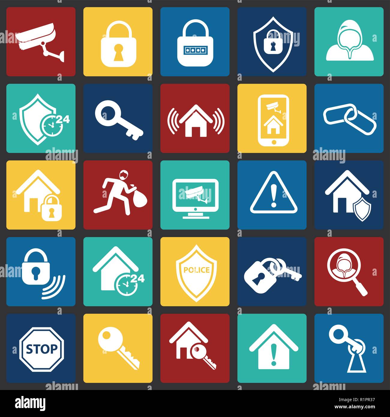 Home security set on color squares background Stock Vector