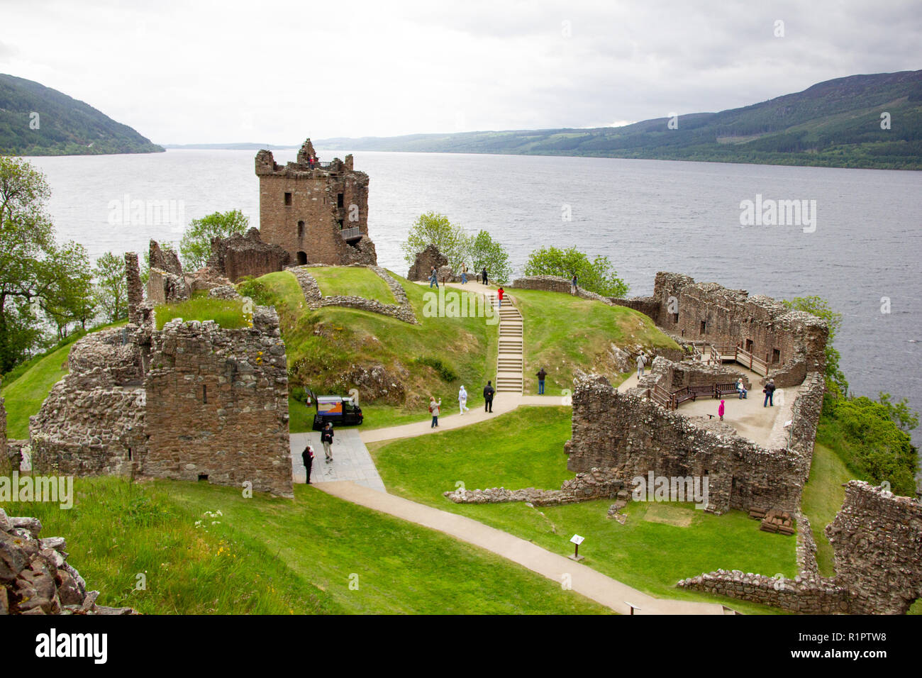 Loch Ness/Scotland - June 16th 2012: Loch Ness castle with lake in background Stock Photo