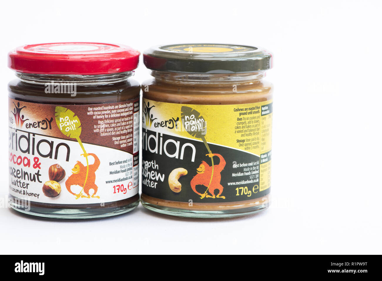 Meridian nut butter jars with No palm oil label Stock Photo