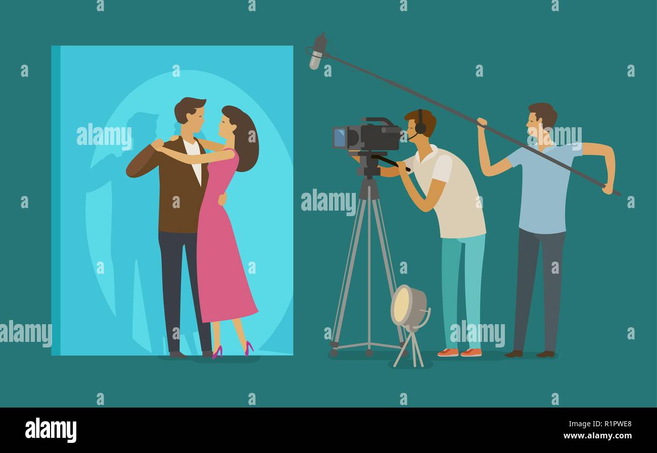 Film crew makes a movie. Cinematograph, cinema, filming concept. Cartoon vector illustration Stock Vector