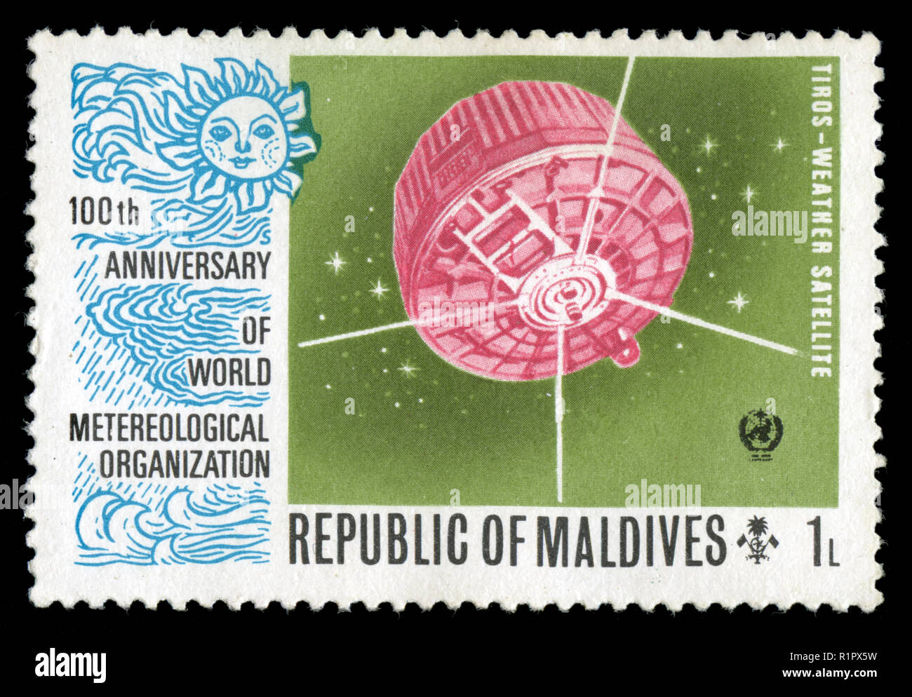 Postage stamp from the Maldives in the World Meteorological Cooperation, centenary series issued in 1973 Stock Photo