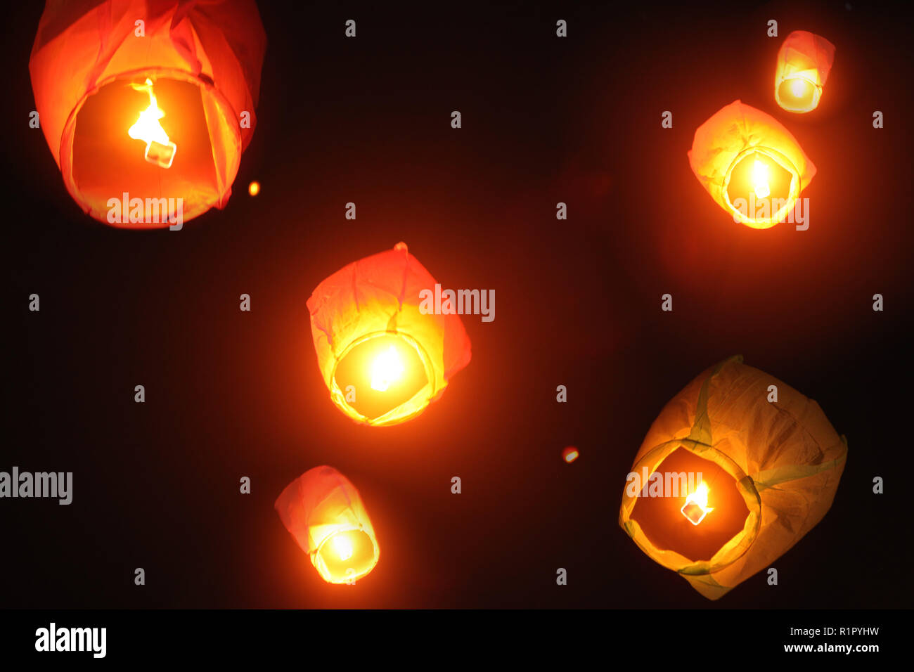 Chinese sky lanterns lit up the Indian skies during Diwali, due to infiltration of Chinese products sold cheap in India.These lanterns pose a huge thr Stock Photo