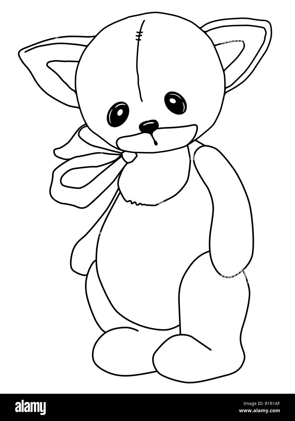 Black and white coloring. Teddy Cat. A toy. Drawn by hand. Black outline. Sad plush soft bear. Inc Stock Photo