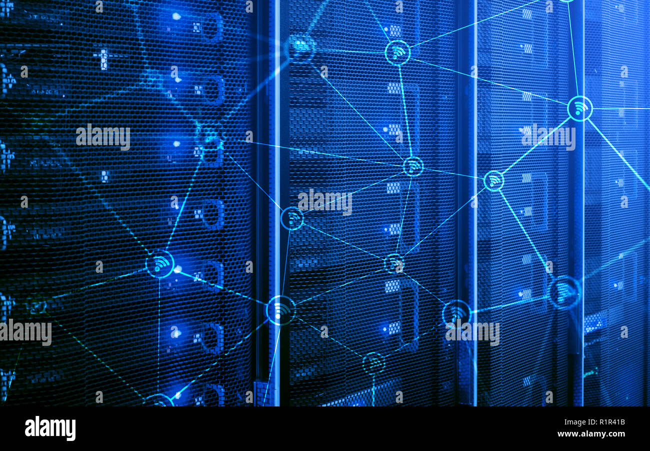 Wi fi network abstract structure on modern server room background Stock ...