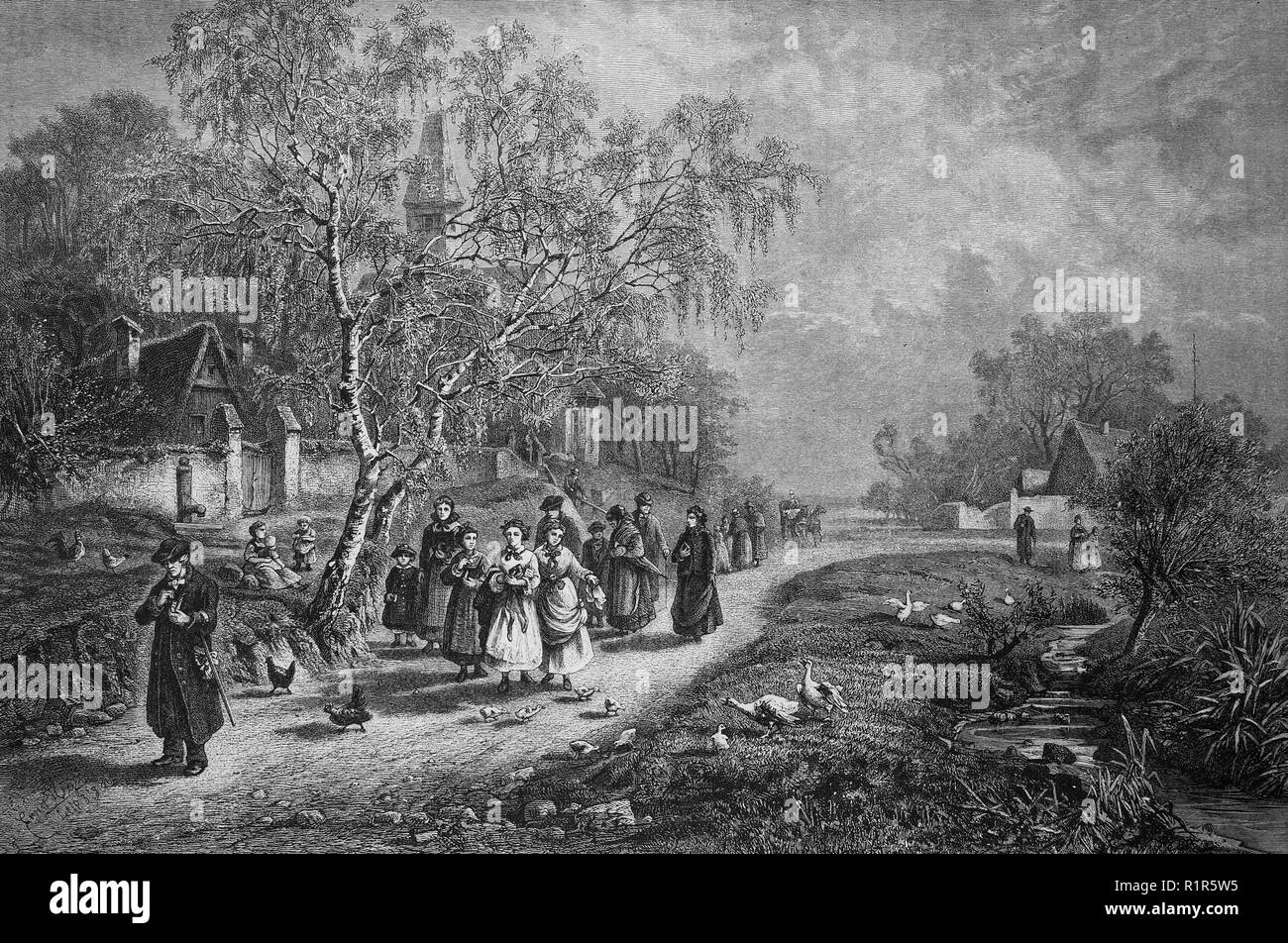 Digital improved reproduction, Easter walk with the family, original print from the year 1880 Stock Photo
