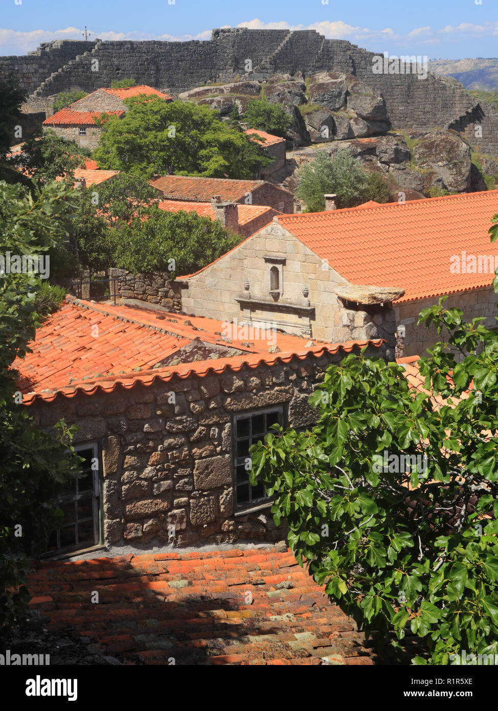 Portugal, Guarda district, Beira Alta. Terra cotta rooftops of Sortelha