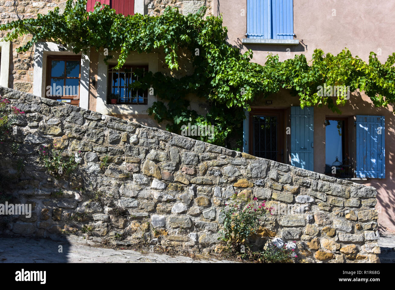 lane and house facade with vine, village Bédoin, Provence, France Stock Photo