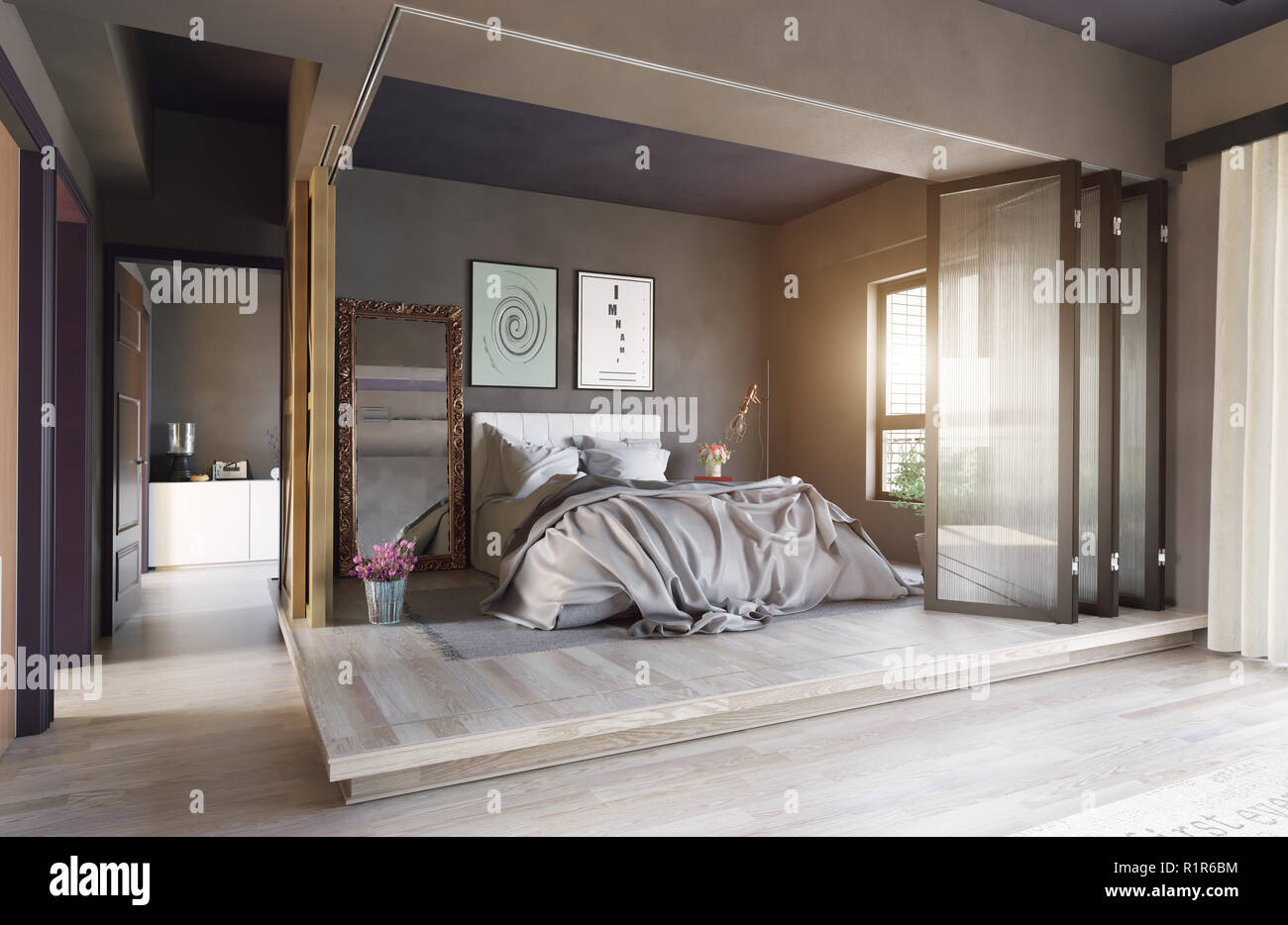modern bedroom interior zone partition concept. 3d rendering Stock