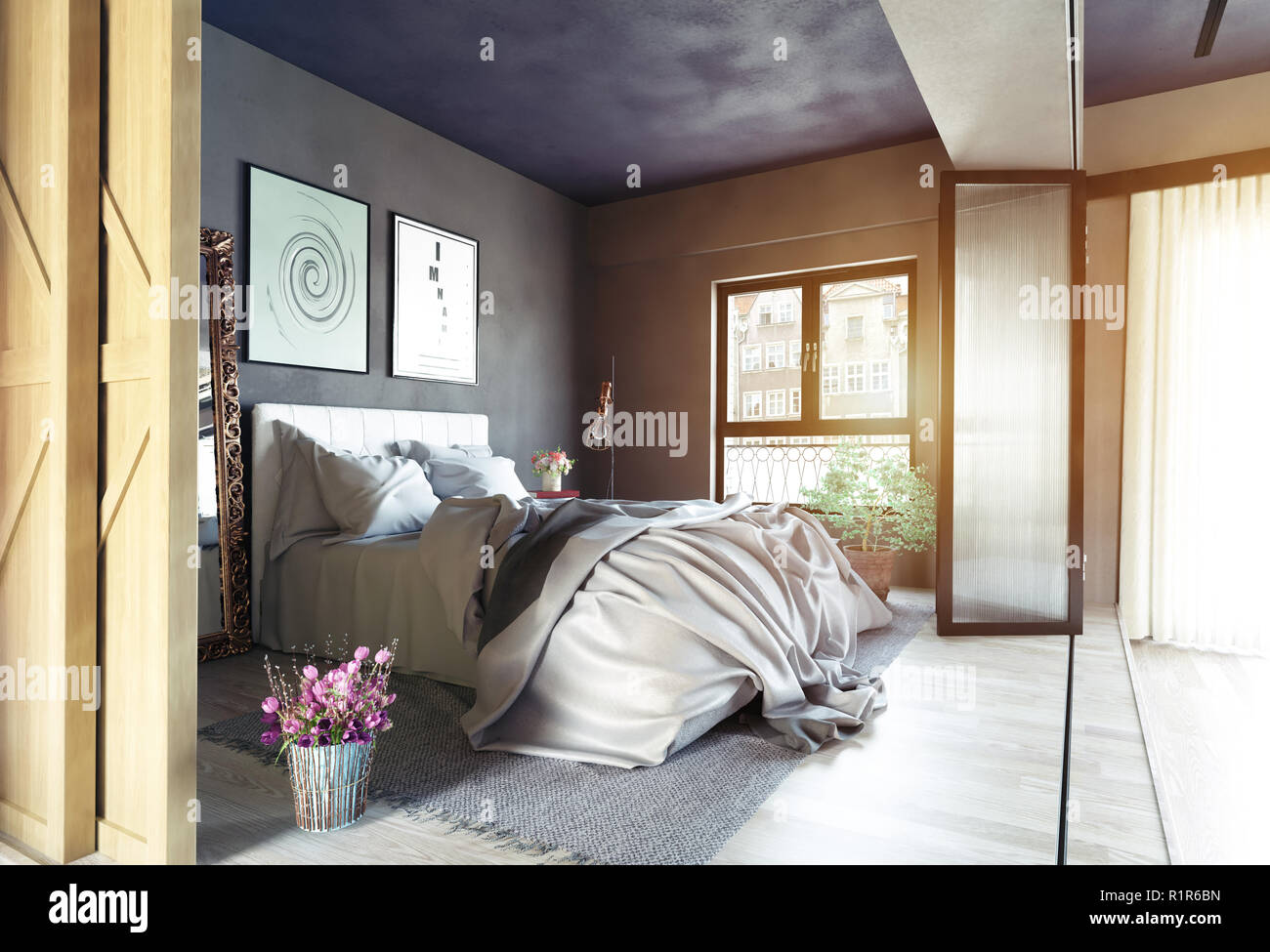 modern bedroom interior zone partition concept. 3d rendering Stock