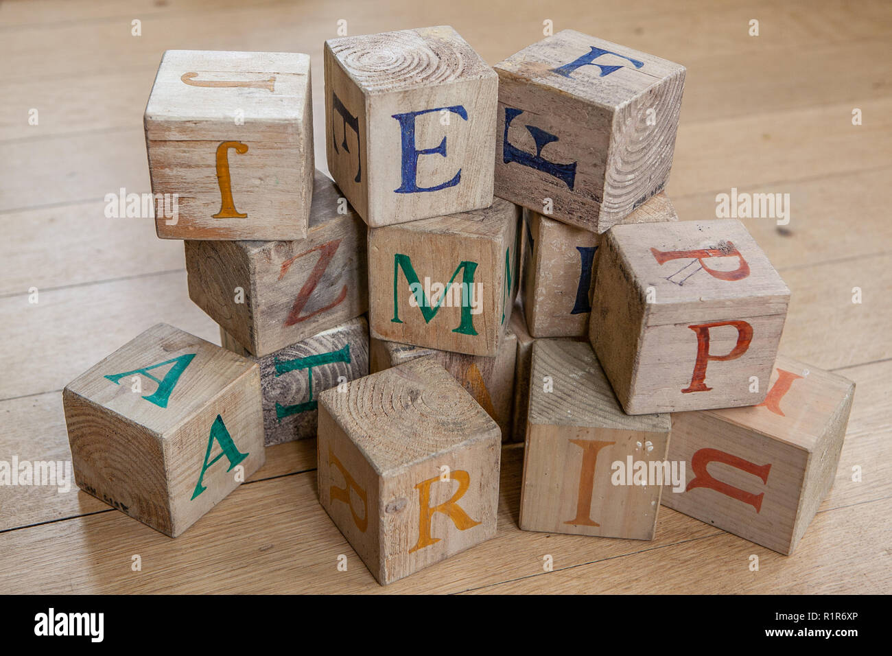 Childs wooden play blocks Stock Photo