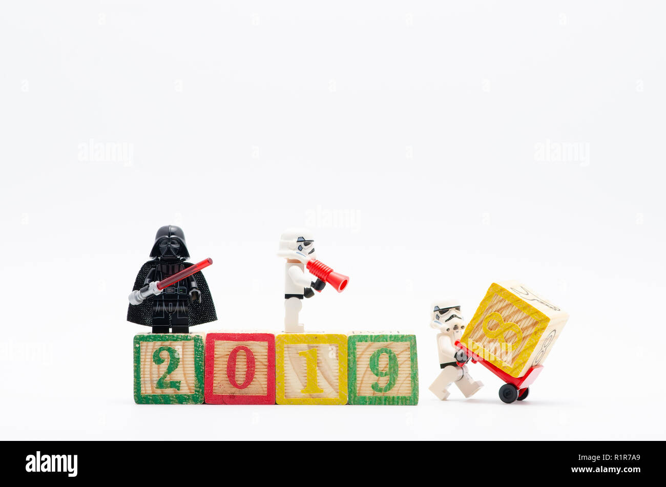 lego darth vader with storm troopers assembling year 2019. Lego minifigures  are manufactured by The Lego Group Stock Photo - Alamy