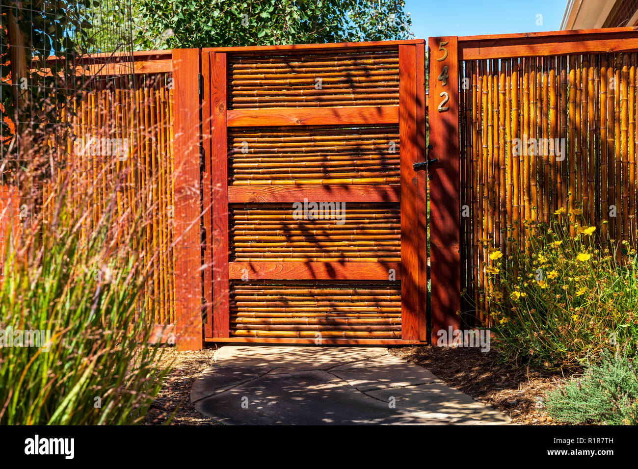 Bamboo fence & gate; Salida; Colorado; USA Stock Photo