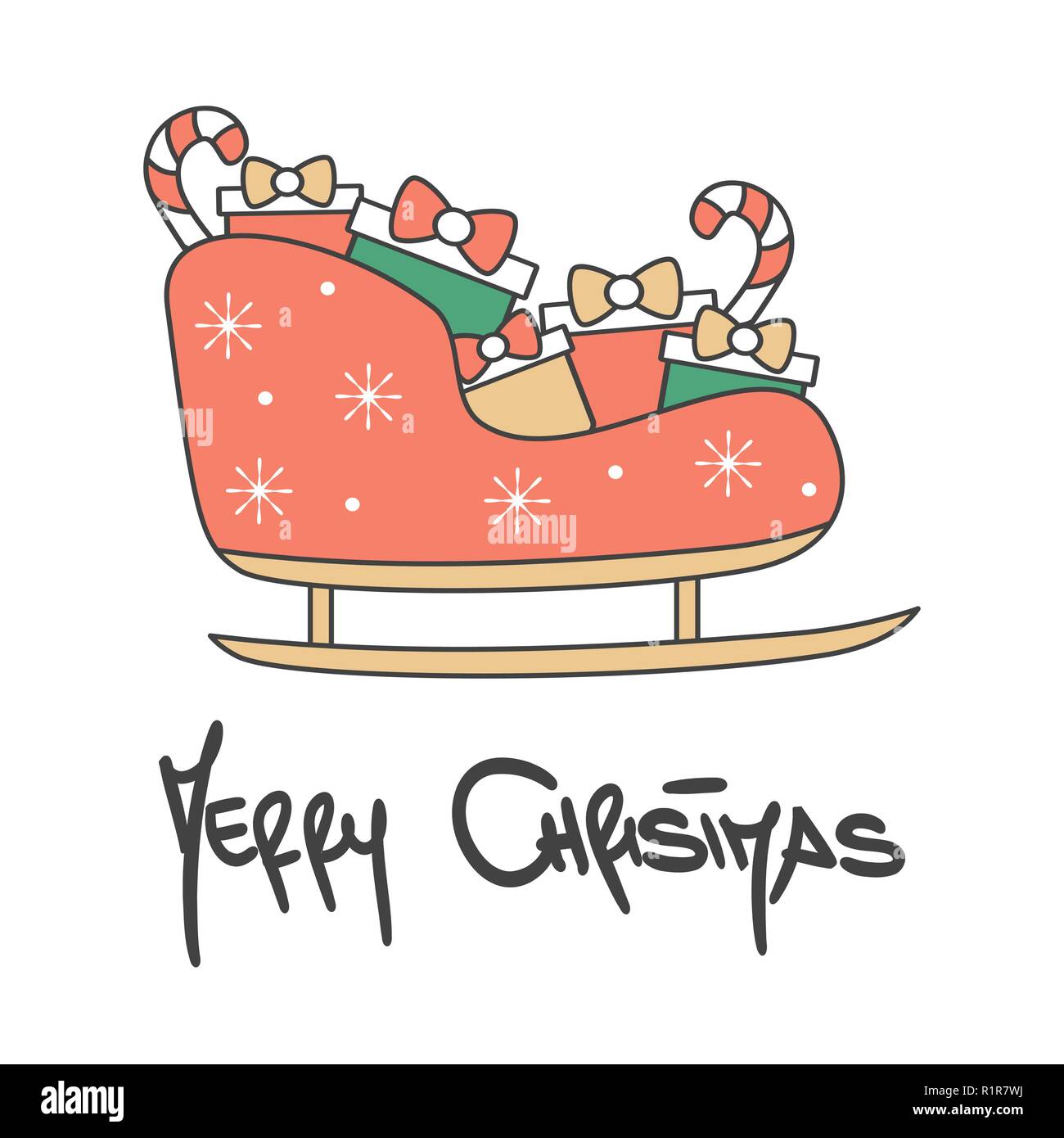 cute hand drawn lettering merry christmas vector greeting card with cartoon sleigh Stock Vector