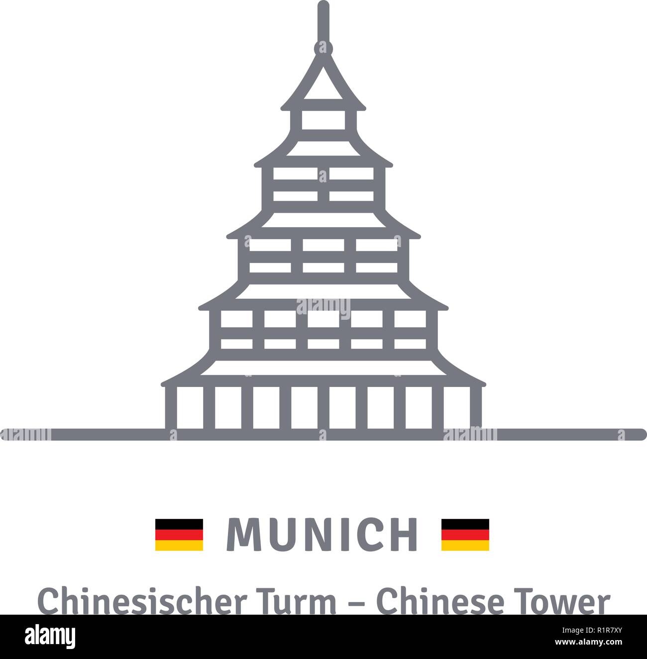 Germany landmark line icon. Chinese Tower at Munich and German flag vector illustration. Stock Vector