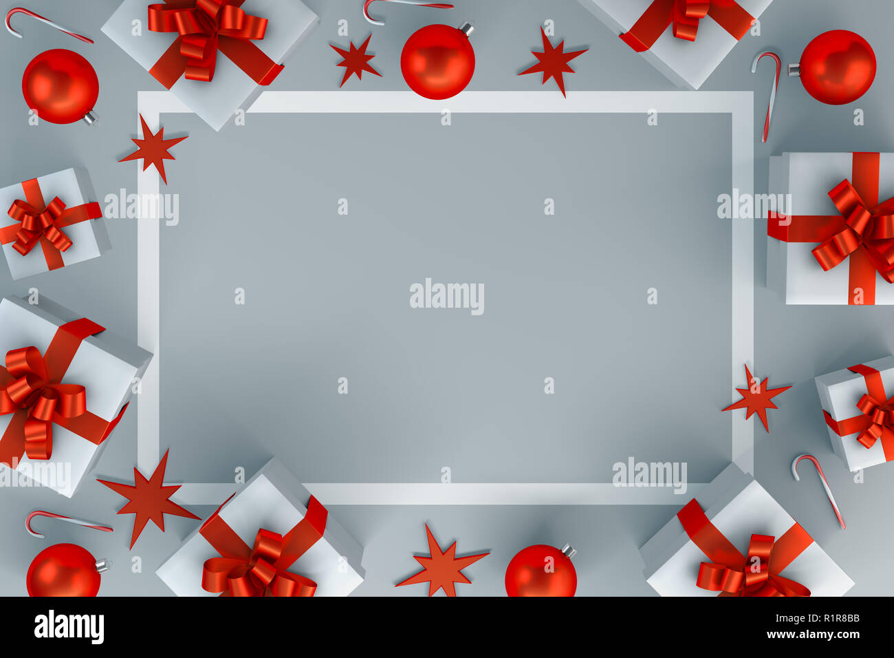 Postcard with a picture of gift boxes and Christmas balls. 3d render ...