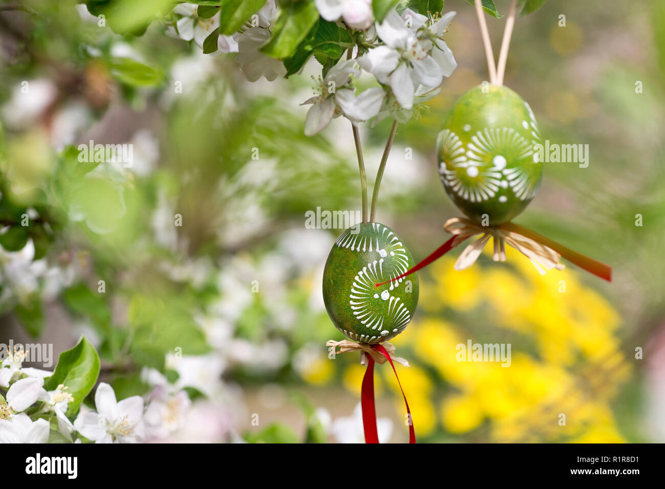 Easter egss hanging on the twig of apple tree in the garden Stock Photo