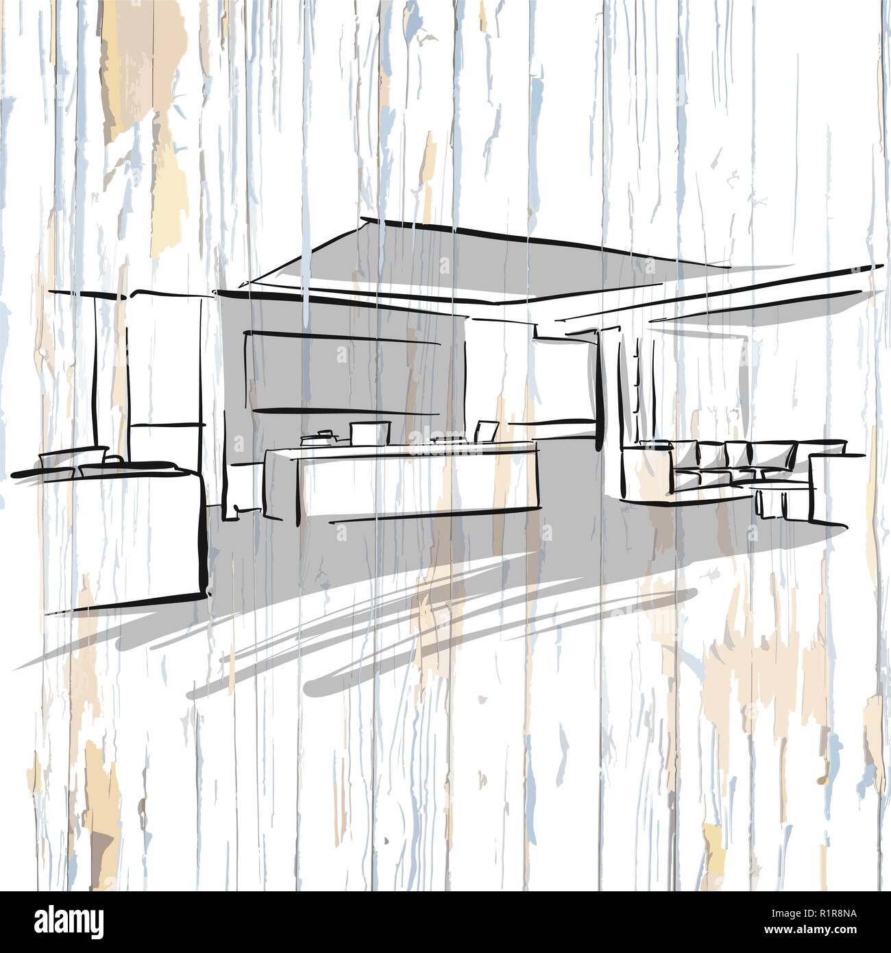 Interior office drawing on wooden background. Hand-drawn vector vintage illustration. Stock Vector