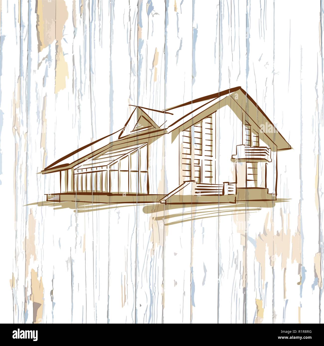 Modern house on old wooden background. Hand-drawn vector vintage illustration. Stock Vector