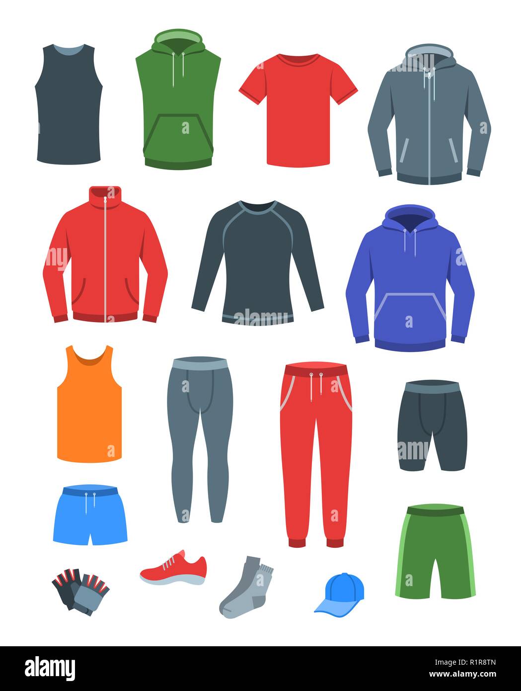 Men casual clothes for fitness training. Basic garments for gym workout.  Vector flat illustration. Outfit for active modern man. Sport style male  shir Stock Vector Image & Art - Alamy
