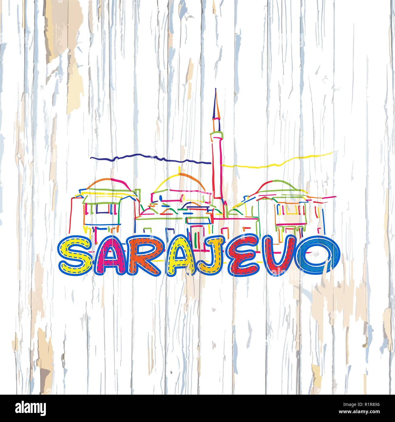 Colorful Sarajevo drawing on wooden background. Hand drawn vector illustration. Stock Vector