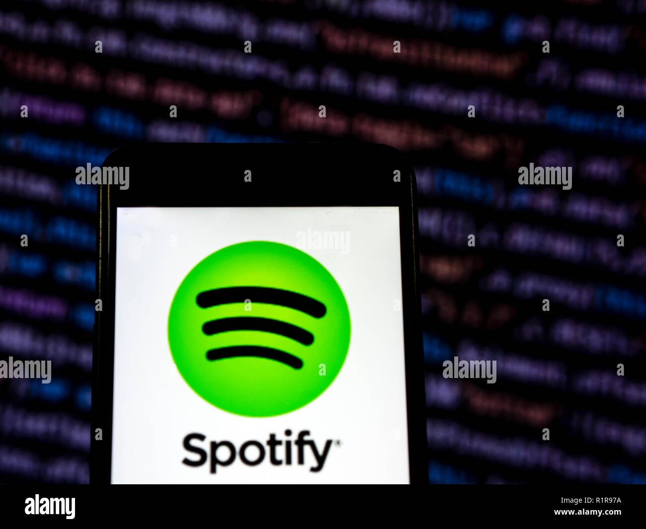 Spotify logo seen displayed on smart phone. Spotify Technology S.A. is a music streaming service developed by Swedish company Spotify Technology, which is head quartered in Stockholm, Sweden Stock Photo