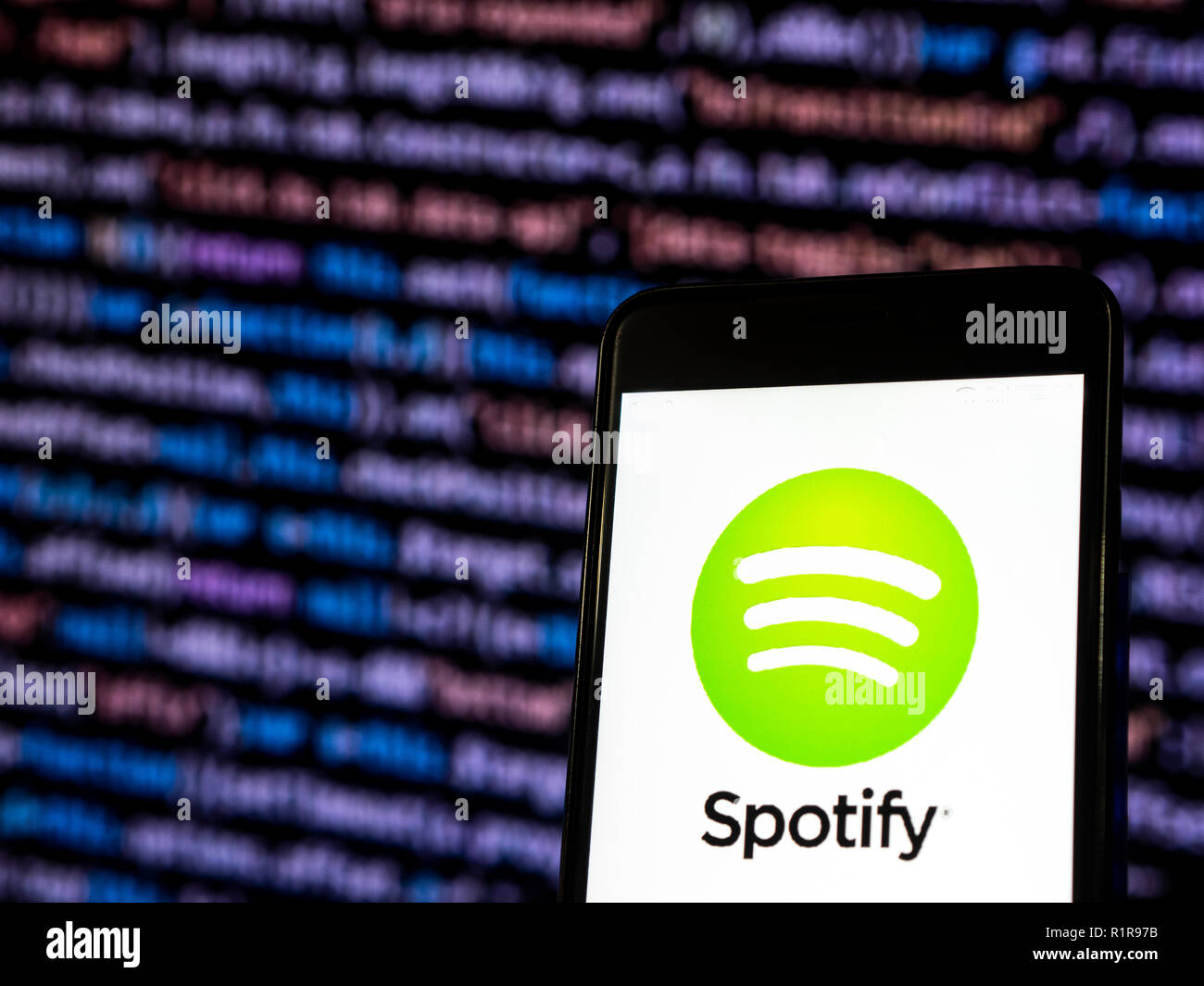 Spotify logo seen displayed on smart phone. Spotify Technology S.A. is a music streaming service developed by Swedish company Spotify Technology, which is head quartered in Stockholm, Sweden Stock Photo