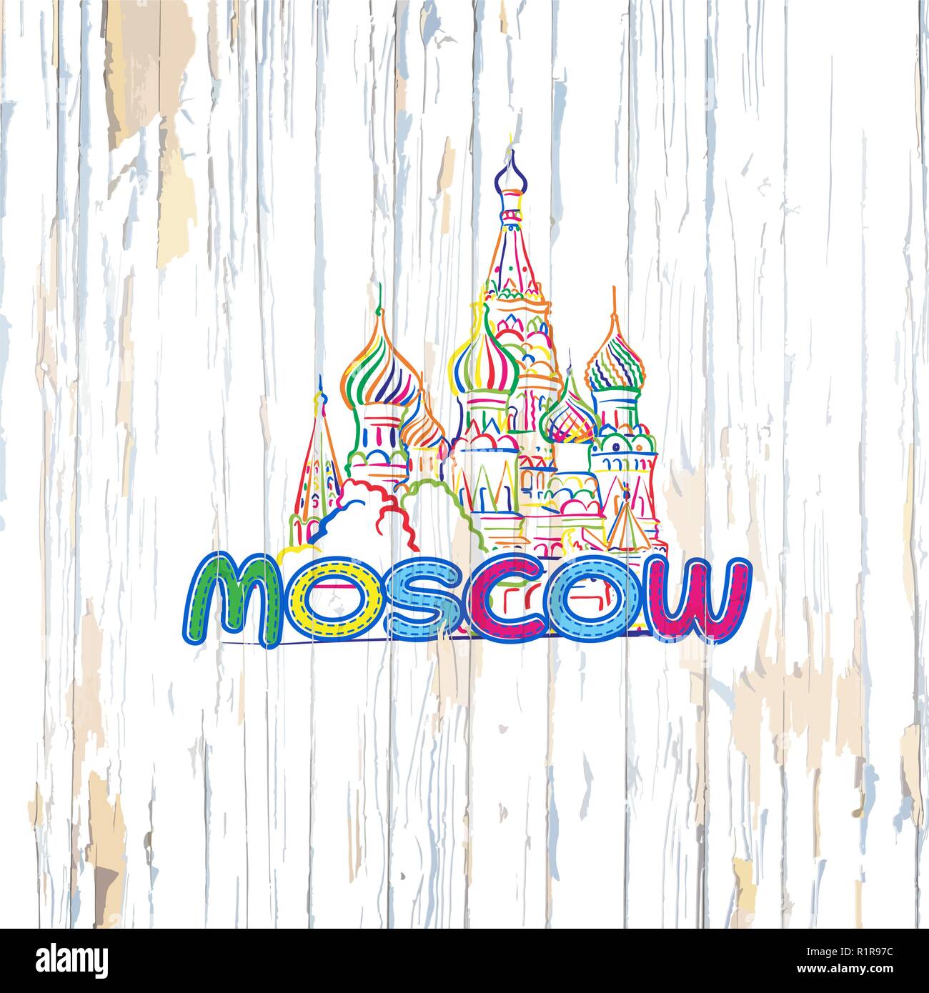 Colorful Moscow drawing on wooden background. Hand drawn vector