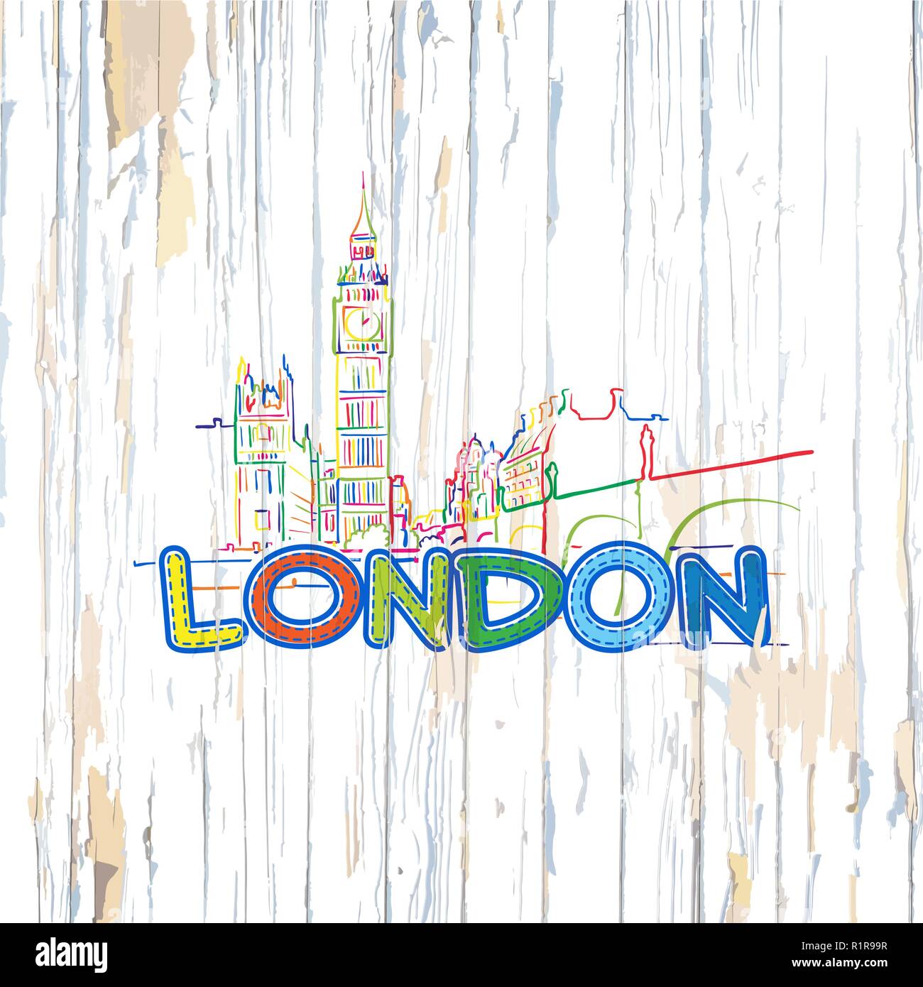 Colorful London drawing on wooden background. Hand drawn vector illustration. Stock Vector