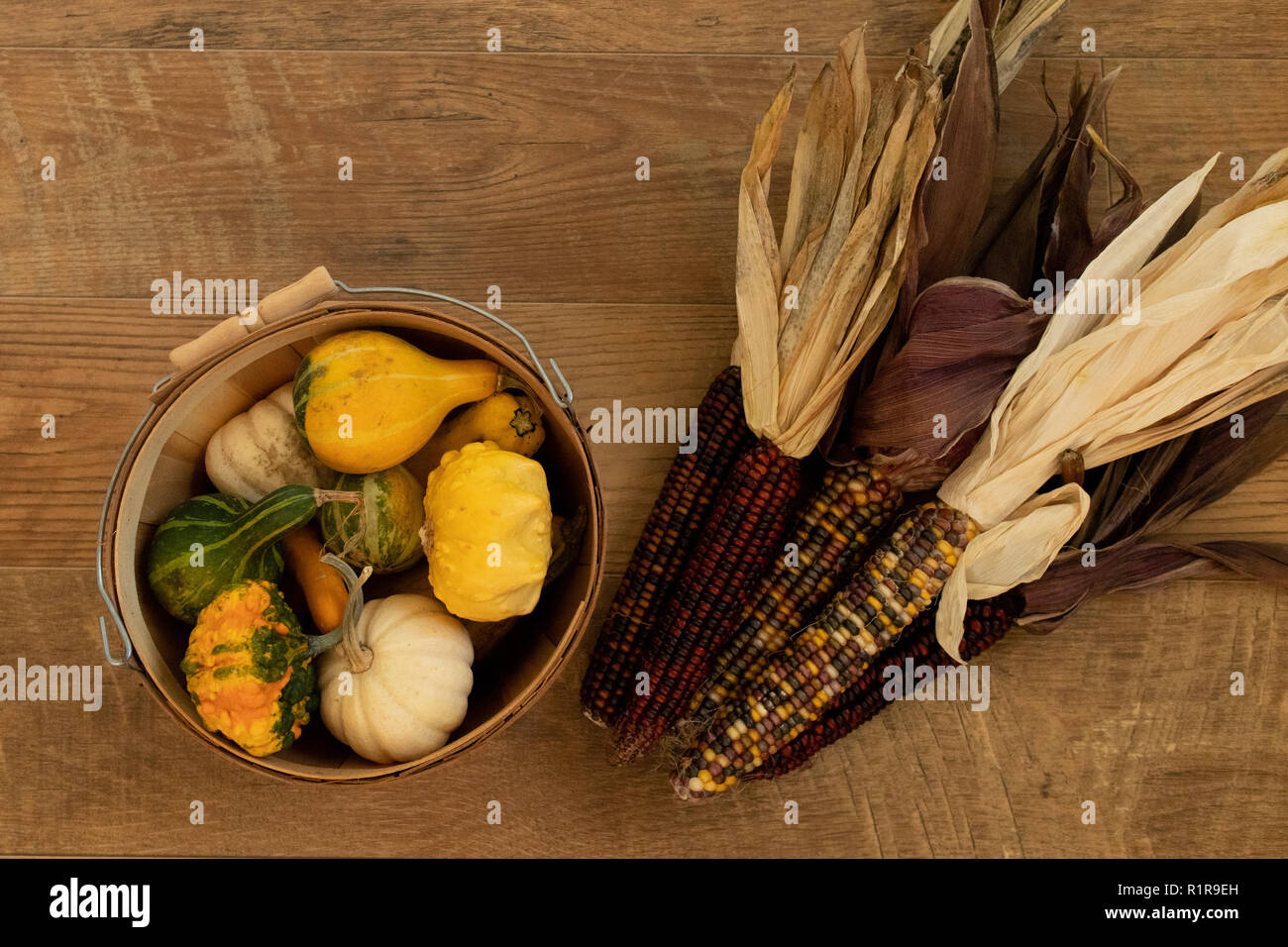 Gourds in Basket with Dried Corn on wood floor Stock Photo