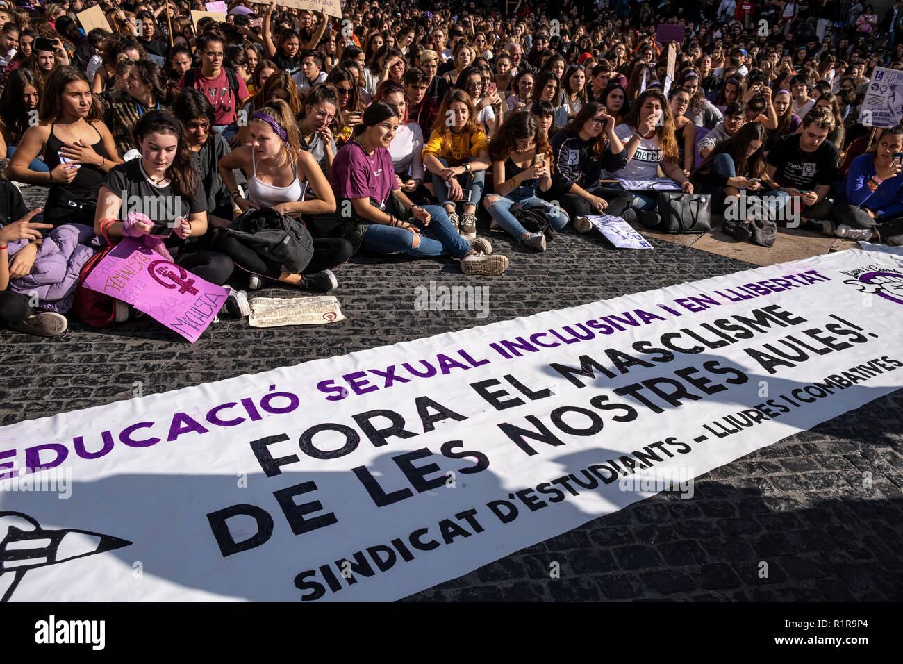 A large banner with the slogan 'Outside the machismo of our classrooms' seen during the demonstration. Hundreds of student took to the streets of Barcelona during the demonstration to demand gender equality in the Education system. The students are on strike from colleges and universities to join the demonstration. Stock Photo