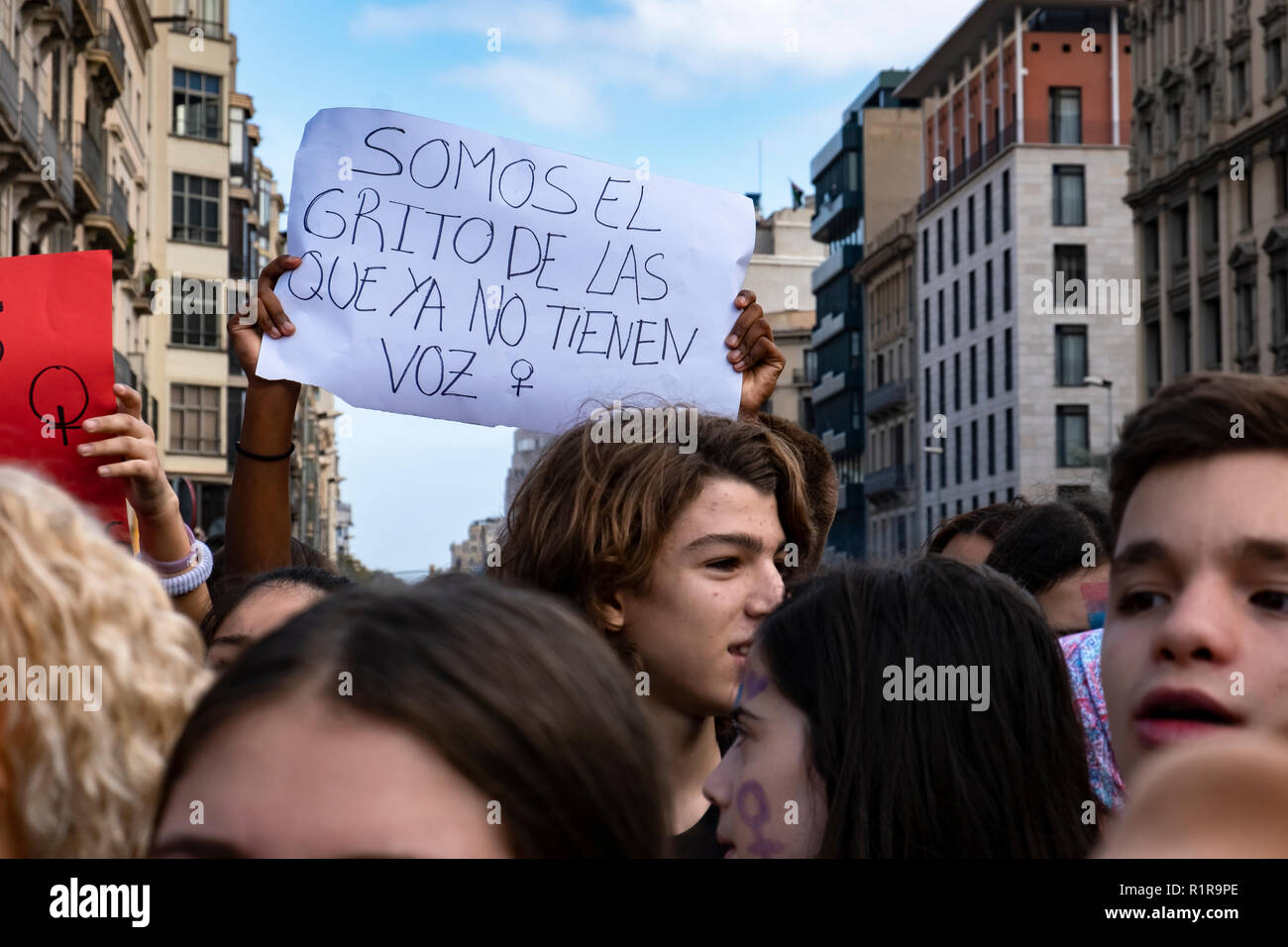 A placard with the text 'We are the cry of those who no longer have a voice' seen during the demonstration. Hundreds of student took to the streets of Barcelona during the demonstration to demand gender equality in the Education system. The students are on strike from colleges and universities to join the demonstration. Stock Photo