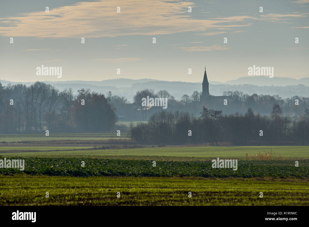 November misty sunny morning Sowie Góry Owl Mountains Lower Silesia ...