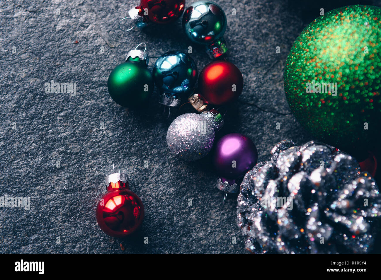 High angle view of christmas balls on flat surface Stock Photo
