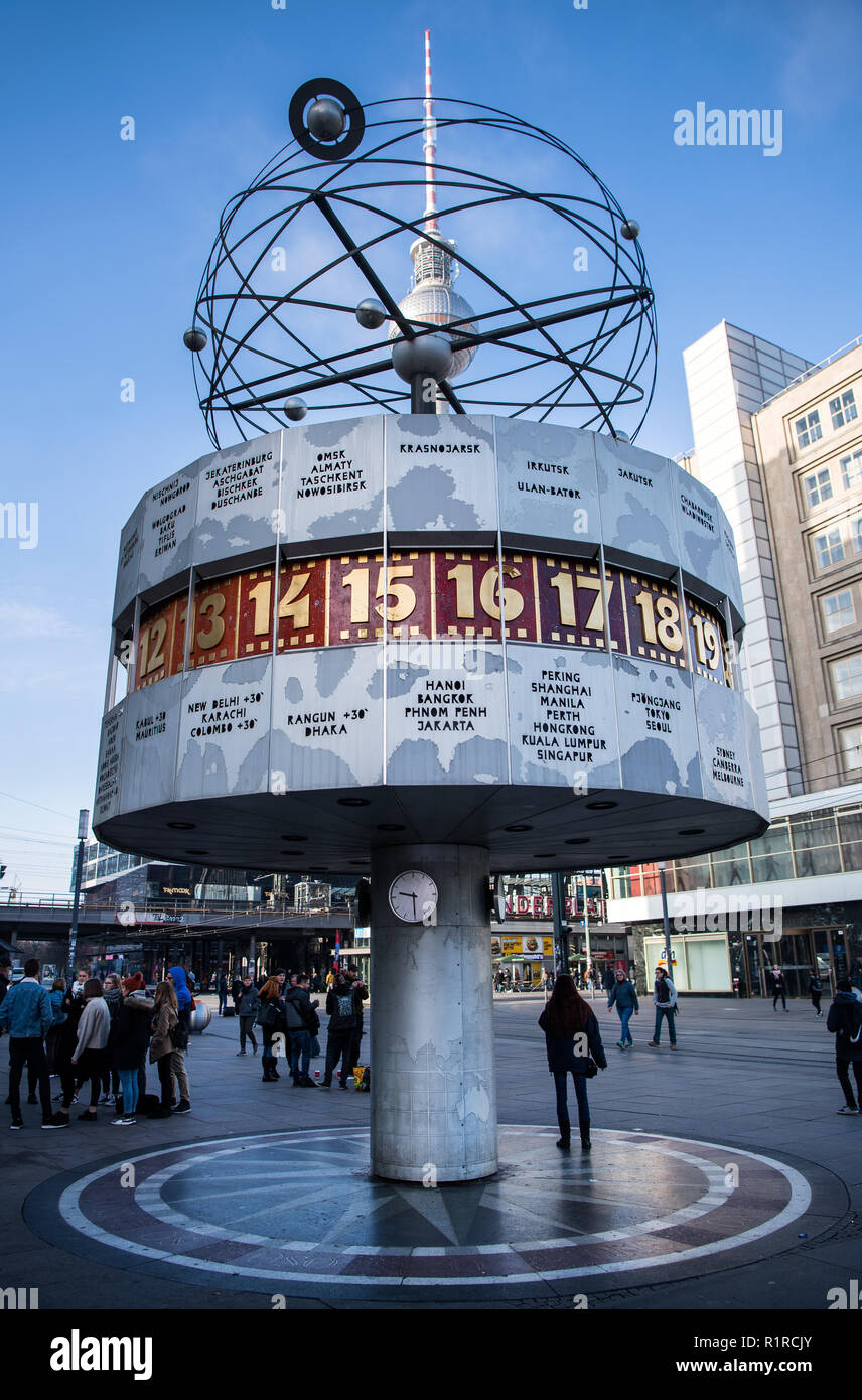 Berlin, Germany. 14th Nov, 2018. The current times of cities around the  world are shown on the World Time Clock at Alexanderplatz. On 30.09.1969  the Urania World Time Clock was inaugurated on