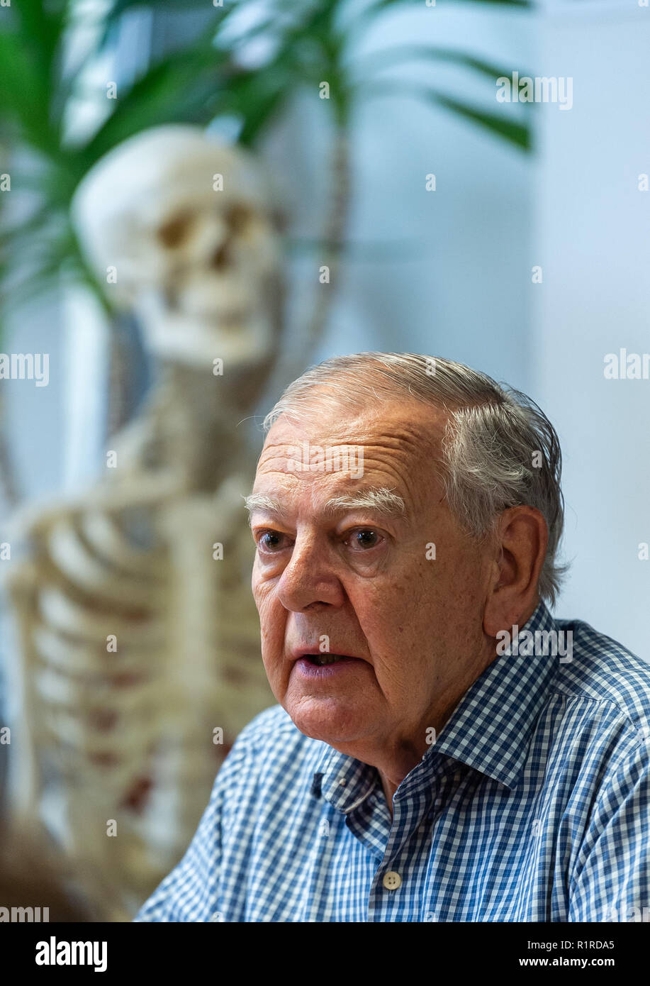 14 November 2018, Hessen, Frankfurt/Main: The American paleoanthropologist and discoverer of the skeleton 'Lucy', Donald C. Johanson, speaks to journalists during a press conference at the Senckenberg Museum. The paleoanthropologist discovered the Australopithecus afarensis skeletal remains 44 years ago in Ethiopia. The skeleton 'Lucy' was long regarded as the oldest evidence of the upright gait of our ancestors. The skeleton in the background doesn't represent Lucy. Photo: Silas Stein/dpa Stock Photo