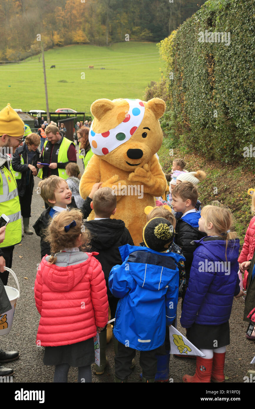 Shelsley Walsh hillclimb, Worcestershire, UK. 14th November, 2018. Pudsey bear meets schoolchildren at Shelsley Walsh hillclimb  during the one show rickshaw challenge for children in need. Credit: Robert Macdonald/Alamy Live News Stock Photo