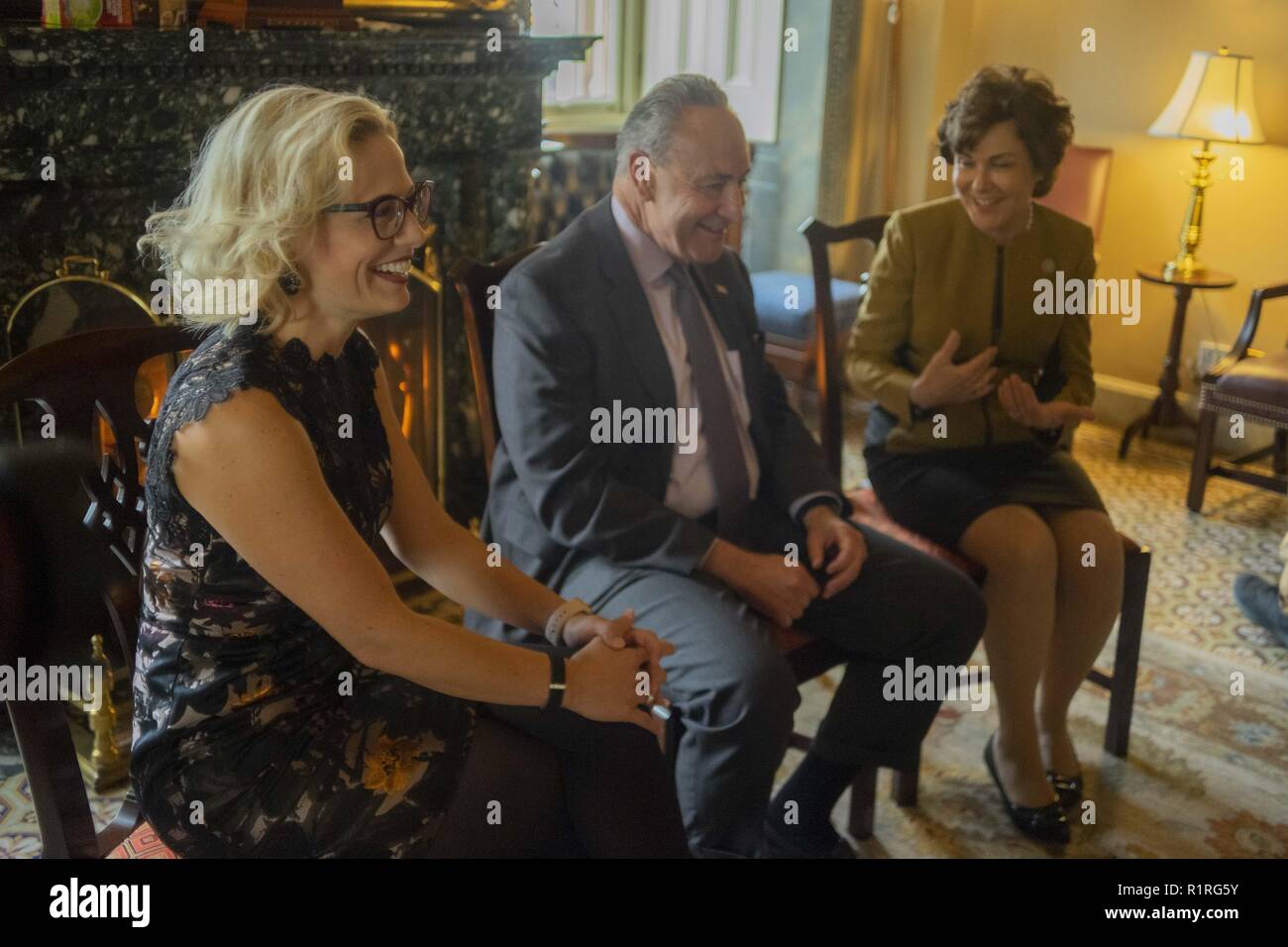 Washington, District of Columbia, USA. 13th Nov, 2018. Senate Minority Leader CHUCK SCHUMER introduces KYRSTEN SINEMA of Arizona and JACKY ROSEN of Nevada. SCHUMER calls the newly-minted Democratic Senators as 'Woman of the West'' in previously traditionally red states. SINEMA took the seat previously held by Republican Senator JEFF FLAKE and ROSEN beat Republican Senator DEAN HELLER. Credit: Douglas Christian/ZUMA Wire/Alamy Live News Stock Photo