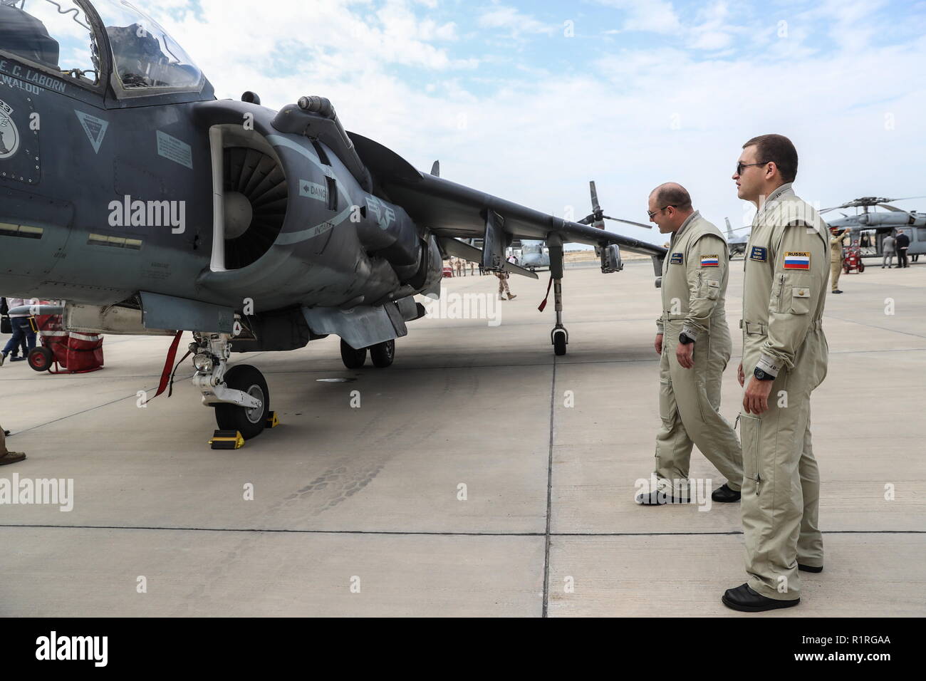 Bahrain 14th Nov 18 Bahrain November 14 18 Russian Servicemen View A British Harrier Jump Jet On Display At The 18 Bahrain International Air Show Held At The Sakhir Air Base